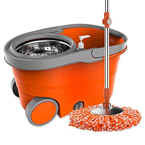 HYZXKJuego Giratorio De Trapeador Y Balde De Manos Libres para Limpieza De Pisos con Canasta De Metal Bandeja De Plástico 2 Cabezales De Trapeador De Súper Fibra