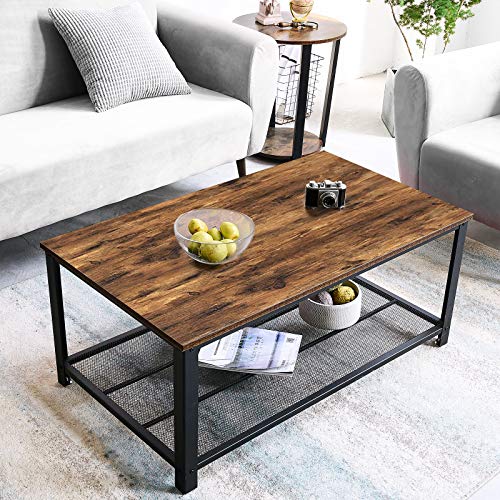 IBUYKE Mesa de Centro en diseño Industrial, 105x45x60 cm, para la televisión, para el salón, con Gran Estante, Patas Regulables, Protege el Suelo, con Estructura de Metal TMJ012H