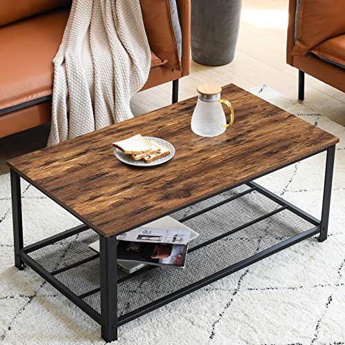 IBUYKE Mesa de Centro en diseño Industrial, 105x45x60 cm, para la televisión, para el salón, con Gran Estante, Patas Regulables, Protege el Suelo, con Estructura de Metal TMJ012H