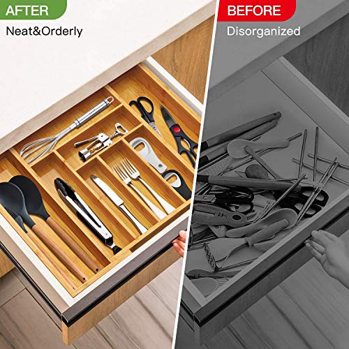IDAS Divisor de Cajones de Madera,Organizador de Cajones Expandible, con Cubertería de Alta Gama y Bandeja para Cubiertos,Divisor de Cajón Empotrado para Cubiertos y Utensilios de Cocina