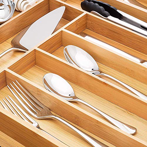 IDAS Divisor de Cajones de Madera,Organizador de Cajones Expandible, con Cubertería de Alta Gama y Bandeja para Cubiertos,Divisor de Cajón Empotrado para Cubiertos y Utensilios de Cocina