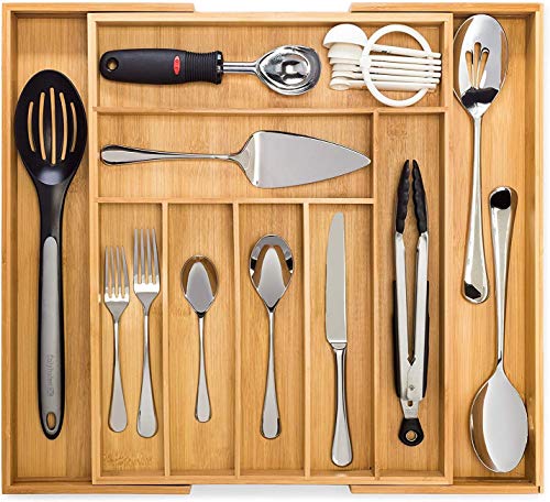 IDAS Divisor de Cajones de Madera,Organizador de Cajones Expandible, con Cubertería de Alta Gama y Bandeja para Cubiertos,Divisor de Cajón Empotrado para Cubiertos y Utensilios de Cocina