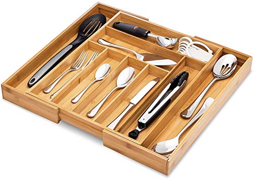 IDAS Divisor de Cajones de Madera,Organizador de Cajones Expandible, con Cubertería de Alta Gama y Bandeja para Cubiertos,Divisor de Cajón Empotrado para Cubiertos y Utensilios de Cocina