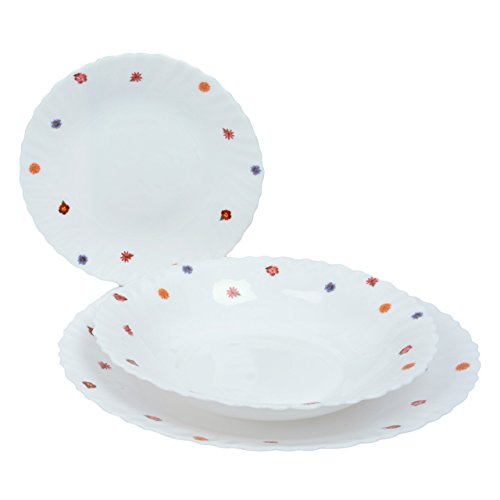 Ideal casa Vajilla compuesta por 18 Piezas de Vidrio Opal Blanco y con decoración Floral. Siena Opal
