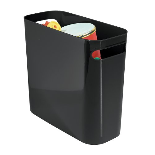 iDesign Cubo de basura con asas, papelera pequeña de plástico para residuos, moderna papelera de cocina, baño y oficina, negro