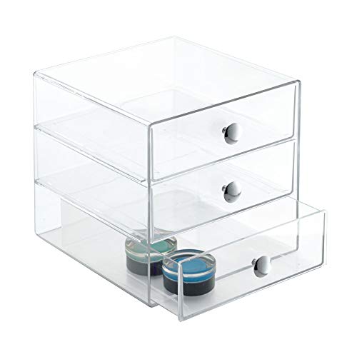 iDesign Organizador de maquillaje con 3 cajones, compacta minicómoda de plástico, mini cajonera cuadrada para productos de belleza y cosméticos, transparente