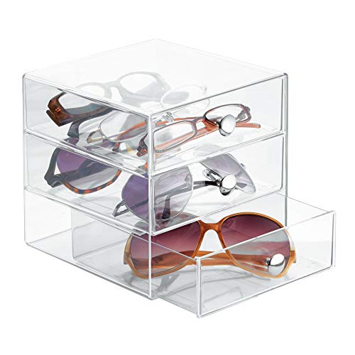 iDesign Organizador de maquillaje con 3 cajones, compacta minicómoda de plástico, mini cajonera cuadrada para productos de belleza y cosméticos, transparente