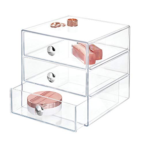 iDesign Organizador de maquillaje con 3 cajones, compacta minicómoda de plástico, mini cajonera cuadrada para productos de belleza y cosméticos, transparente