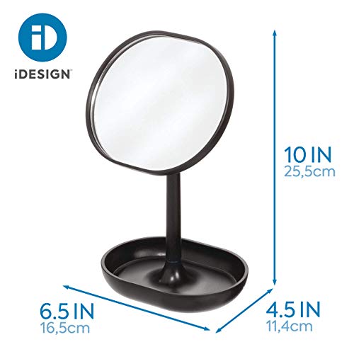 iDesign pie, pequeño redondo de plástico, espejo de baño giratorio con bandeja para guardar maquillaje o joyas, negro, 16,5 cm x 11,4 cm x 25,5 cm
