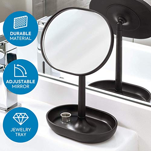 iDesign pie, pequeño redondo de plástico, espejo de baño giratorio con bandeja para guardar maquillaje o joyas, negro, 16,5 cm x 11,4 cm x 25,5 cm