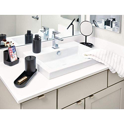 iDesign pie, pequeño redondo de plástico, espejo de baño giratorio con bandeja para guardar maquillaje o joyas, negro, 16,5 cm x 11,4 cm x 25,5 cm