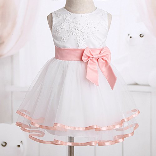 iiniim Vestido de Bautizo Bebé Niña Recién Nacido Vestido Blanco Brodado de Bautizo Boda Princesa Tutú Bowknot Traje de Bautizo Fiesta Ceremonia Conjunto con Bragas 0-24 Meses Rosa 12-18 Meses