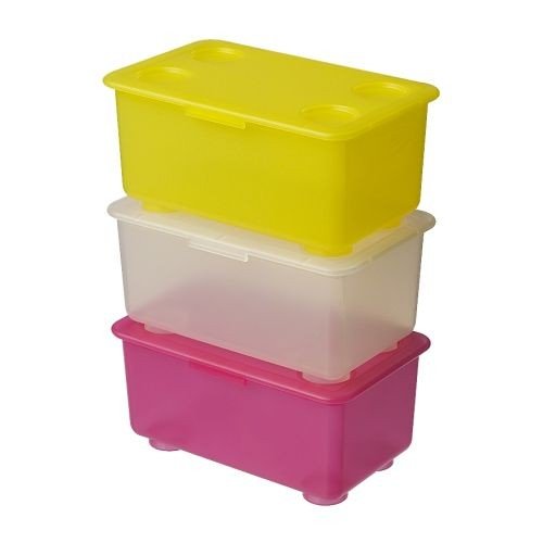 IKEA P A Ñ O - Caja con tapa, rosa / blanco, amarillo / 3 pack - 17x10 cm