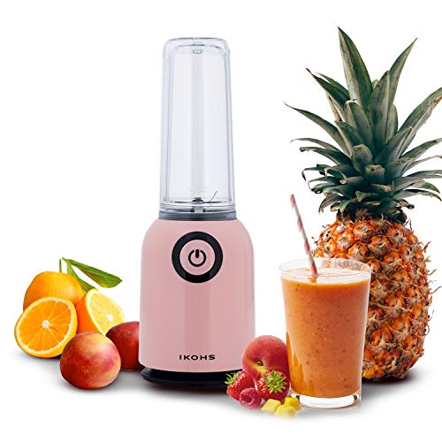 IKOHS Batidora de Vaso OSIT - Batidora de Vaso Individual para Smoothies y Batidos, 250 W, 400 ml, Portátil, Cuchillas de Acero Inoxidable, 230W, Libre de BPA, Diseño Exclusivo (Rosa)