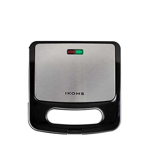 IKOHS Stone Easy - Sandwichera con Capacidad para 2 Sándwiches, 750 W, Recubierta Cerámica Antiadherente, Pinza de Cierre, Angulo de Apertura 105°, 2 Indicadores Luminosos, Libre BPA, con Asas