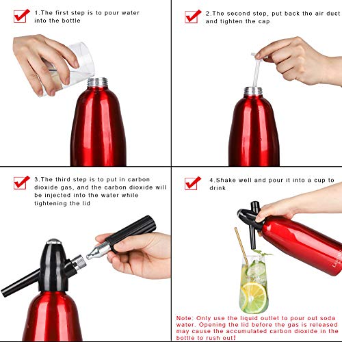 iLH Generador de Agua con Gas de Cristal de sifón de Soda Soda Makers para la adición Individual de ácido carbónico en el Agua del Grifo Utiliza el Cargador de CO2 estándar (no Incluido), 1L,Rojo