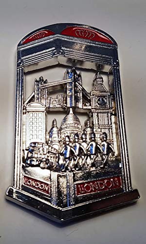 Imán Nevera Londres en Una Caja de Teléfono- Metal/ Color Plateado y Rojo /Tower Bridge/Big Ben/St. Paul's Cathedral/Double Decker Bus/Royal Guards/Recuerdo Británico de Inglaterra Reino Unido