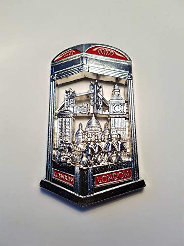 Imán Nevera Londres en Una Caja de Teléfono- Metal/ Color Plateado y Rojo /Tower Bridge/Big Ben/St. Paul's Cathedral/Double Decker Bus/Royal Guards/Recuerdo Británico de Inglaterra Reino Unido