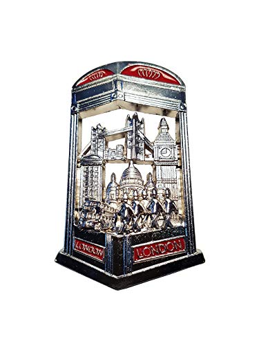 Imán Nevera Londres en Una Caja de Teléfono- Metal/ Color Plateado y Rojo /Tower Bridge/Big Ben/St. Paul's Cathedral/Double Decker Bus/Royal Guards/Recuerdo Británico de Inglaterra Reino Unido