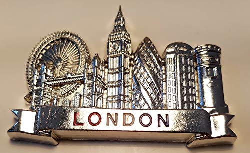 Imán para nevera de metal de Londres, color plateado, con palabra en rojo, blanco, azul, iconos, ojo o puente, torre grande, pepinillo, cabina telefónica, caja de correos, recuerdo británico británico