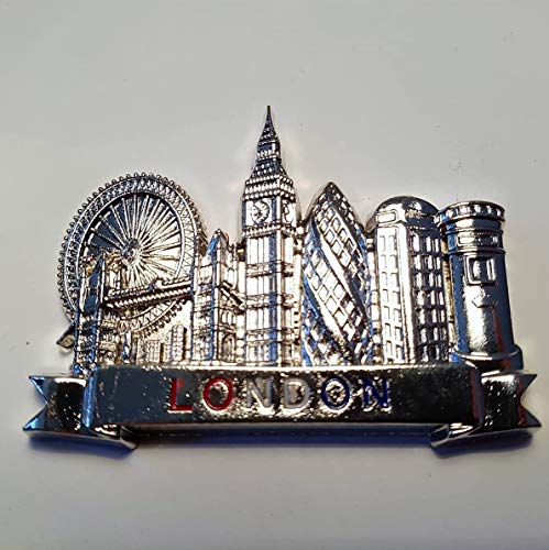 Imán para nevera de metal de Londres, color plateado, con palabra en rojo, blanco, azul, iconos, ojo o puente, torre grande, pepinillo, cabina telefónica, caja de correos, recuerdo británico británico