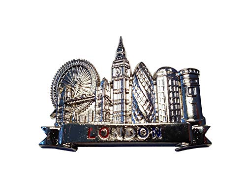 Imán para nevera de metal de Londres, color plateado, con palabra en rojo, blanco, azul, iconos, ojo o puente, torre grande, pepinillo, cabina telefónica, caja de correos, recuerdo británico británico