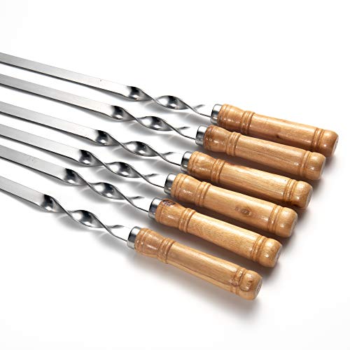 IMEEA Kabob Brochetas grandes de metal plano para barbacoa, pinchos de acero inoxidable de 53,8 cm con mango de madera para asar, juego de 6