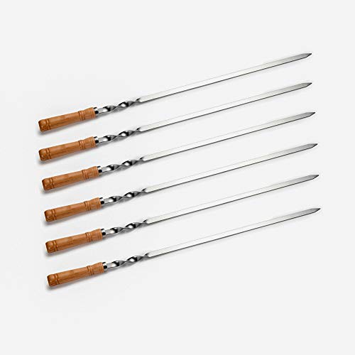 IMEEA Kabob Brochetas grandes de metal plano para barbacoa, pinchos de acero inoxidable de 53,8 cm con mango de madera para asar, juego de 6
