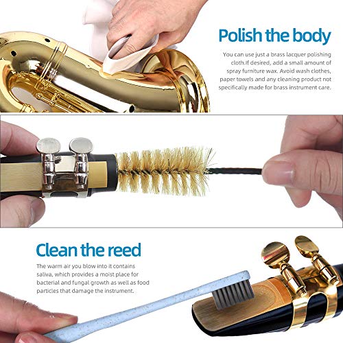 Imelod Kit de limpieza de saxofón con estuche para flauta de clarinete alto tenor y otros instrumentos de viento y madera, incluido paño de limpieza de saxofón, cepillo de boquilla(Gris Oscuro)