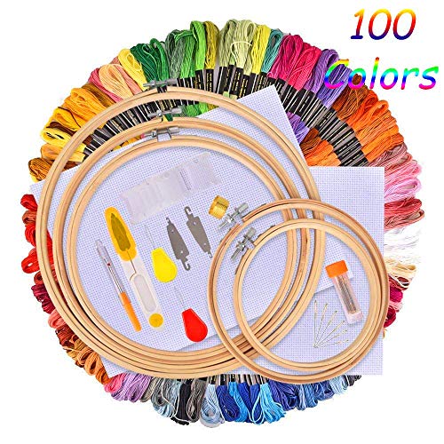 IMMEK kit de inicio de bordado,kit de herramientas de punto de cruz con 100 hilos de colores,5 piezas de círculos de bambú,Aida de la colección Classic Count de 12 a 18 pulgadas y agujas a 14 pulgadas