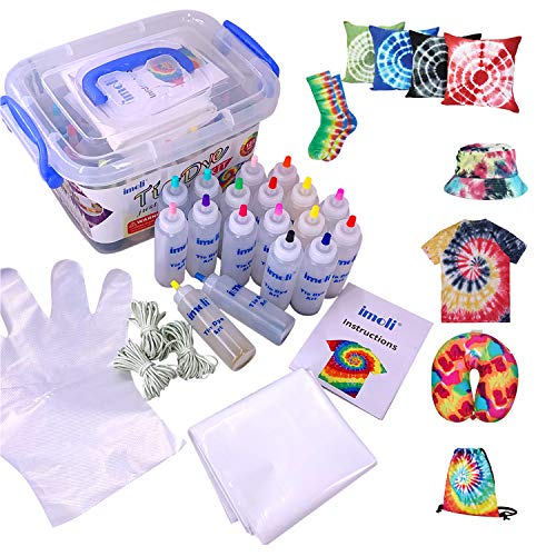 imoli Tie Dye Kit - 18 Colores Vibrantes Pinturas Textiles de Tela, Juego de Tinte Permanente de un Solo Paso, Ideal para la Moda de Bricolaje(Cubierta de Superficie Reutilizable incluida)