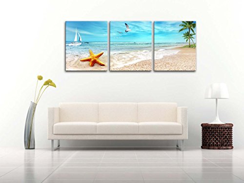 Impresión de Lienzo de Pared Arte Pintura playa arena de paisaje con Palm árboles Golden estrella de mar Sea Gull Flying en el cielo y barco de vela en azul mar 3 piezas Panel