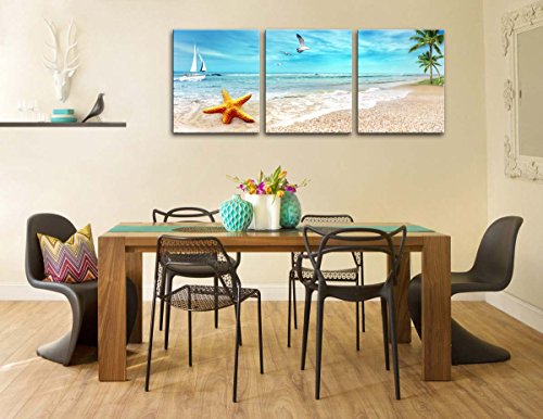 Impresión de Lienzo de Pared Arte Pintura playa arena de paisaje con Palm árboles Golden estrella de mar Sea Gull Flying en el cielo y barco de vela en azul mar 3 piezas Panel