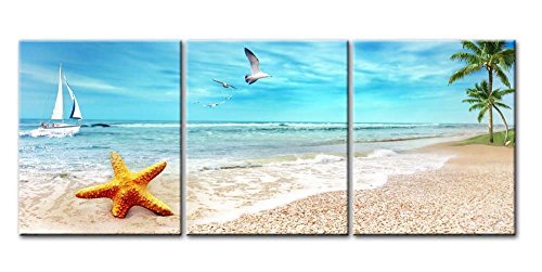 Impresión de Lienzo de Pared Arte Pintura playa arena de paisaje con Palm árboles Golden estrella de mar Sea Gull Flying en el cielo y barco de vela en azul mar 3 piezas Panel