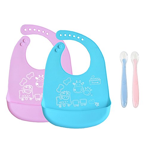 INCHANT bebé de silicona babero que - a prueba de agua, ajustables, enrollar baberos de alimentación del niño con silicona de cucharas, 2 x 2 x baberos, cucharas