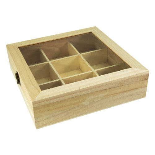 Incutex caja almacenaje té, caja té compartimentos, caja té bolsitas, caja té madera con 9 compartimentos y ventana transparente