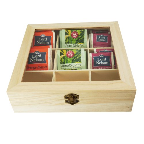 Incutex caja almacenaje té, caja té compartimentos, caja té bolsitas, caja té madera con 9 compartimentos y ventana transparente