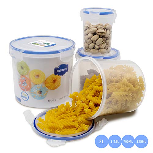 Indmird Recipientes para Cereales Almacenamiento de Alimentos, 4 Piezas Juegos de tarros, Jarras de Almacenamiento de Plástico con Tapa Hermética, para sopas, ensaladas
