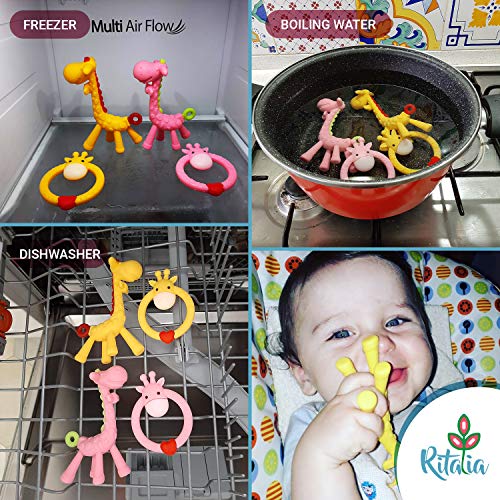 Inesita Jirafa mordedor bebé de Ritalia. Juguete bebé a partir 4 meses. Mordedores bebes refrigerante niño/niña (Amarillo 2 u)