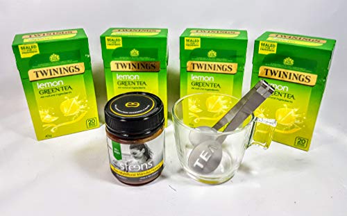 Infusión de té verde y limón con Steens MGO Raw sin pasteurizar Nueva Zelanda Manuka Miel, taza y cuchara