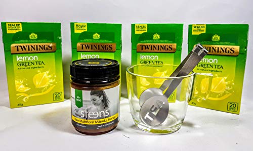 Infusión de té verde y limón con Steens MGO Raw sin pasteurizar Nueva Zelanda Manuka Miel, taza y cuchara
