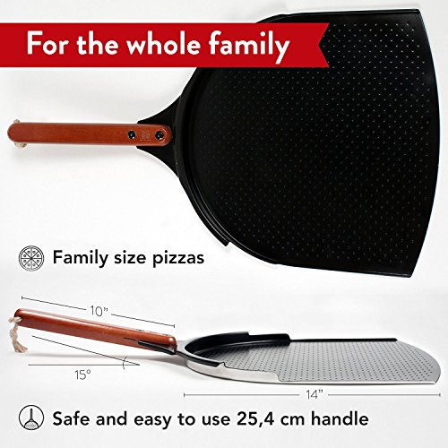 Innovadora Pala para Pizza de Aluminio. Paleta de 35cm con Cobertura de Cerámica y Mango de Madera de 25,4cm. Grande y Ligera. Espátula de Metal para Hornear Pizzas y Pan al Horno y a la Barbacoa