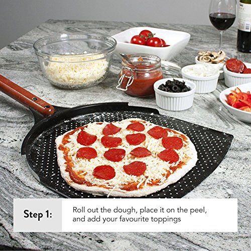 Innovadora Pala para Pizza de Aluminio. Paleta de 35cm con Cobertura de Cerámica y Mango de Madera de 25,4cm. Grande y Ligera. Espátula de Metal para Hornear Pizzas y Pan al Horno y a la Barbacoa