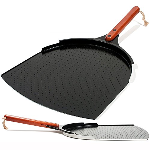 Innovadora Pala para Pizza de Aluminio. Paleta de 35cm con Cobertura de Cerámica y Mango de Madera de 25,4cm. Grande y Ligera. Espátula de Metal para Hornear Pizzas y Pan al Horno y a la Barbacoa