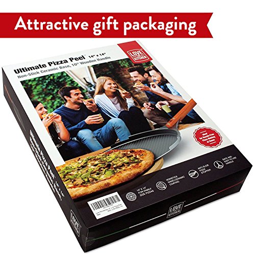 Innovadora Pala para Pizza de Aluminio. Paleta de 35cm con Cobertura de Cerámica y Mango de Madera de 25,4cm. Grande y Ligera. Espátula de Metal para Hornear Pizzas y Pan al Horno y a la Barbacoa