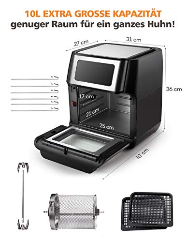 Innsky IS-AF002 - Mini horno de aire caliente (10 L, 1500 W, 10 en 1, con pantalla digital LED, deshidratador de frutas, barbacoa, 6 accesorios y libro de recetas, acero inoxidable 18/8)