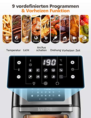 Innsky IS-AF002 - Mini horno de aire caliente (10 L, 1500 W, 10 en 1, con pantalla digital LED, deshidratador de frutas, barbacoa, 6 accesorios y libro de recetas, acero inoxidable 18/8)