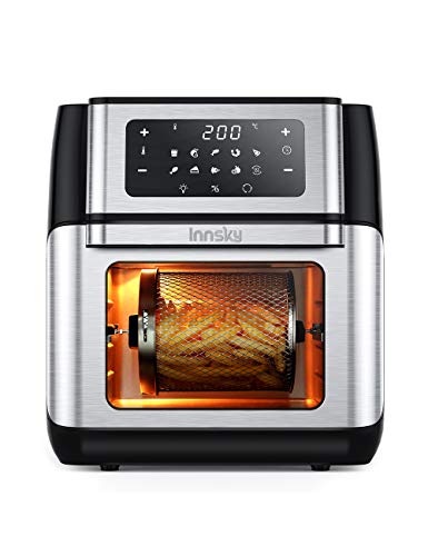 Innsky IS-AF002 - Mini horno de aire caliente (10 L, 1500 W, 10 en 1, con pantalla digital LED, deshidratador de frutas, barbacoa, 6 accesorios y libro de recetas, acero inoxidable 18/8)