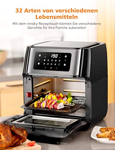 Innsky IS-AF002 - Mini horno de aire caliente (10 L, 1500 W, 10 en 1, con pantalla digital LED, deshidratador de frutas, barbacoa, 6 accesorios y libro de recetas, acero inoxidable 18/8)