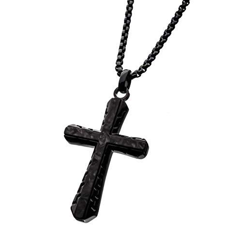 INOX Men's Steel Black Carbon Graphite Sepulchre Genuine Ebony Wood Inlayed Cross Pendant.
